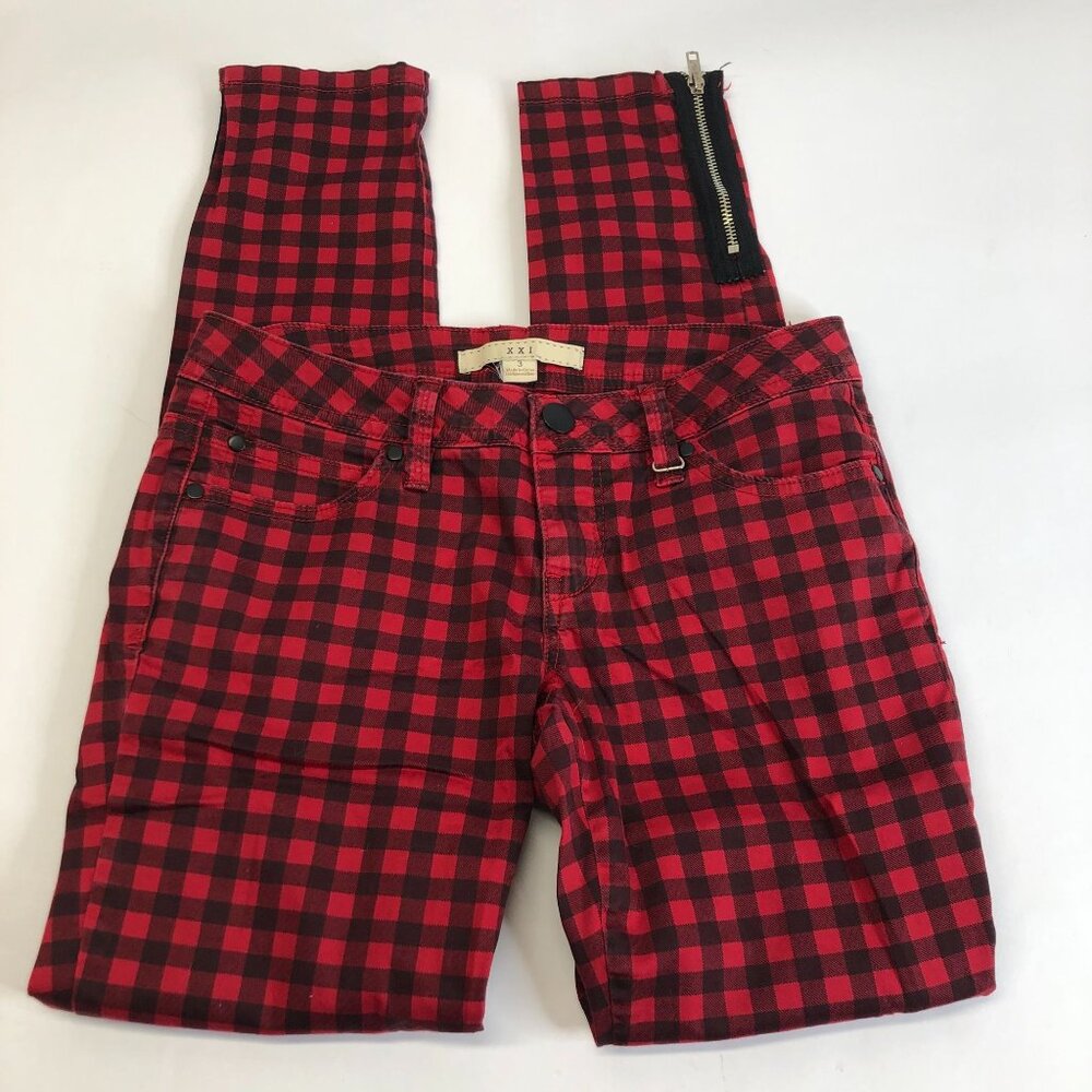 XXI Black Red Buffalo Plaid Check Skinny Punk Tartan Ankle Zipper Pants Size 3